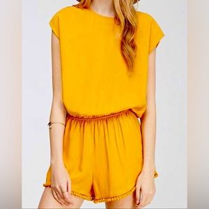 Forever 21 Mustard Yellow Pom-Trim Cutout Romper